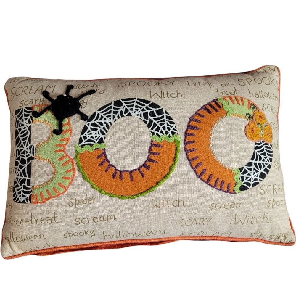 Pier 1 Halloween Boo spellout Spider Multi material pillow 17x11
